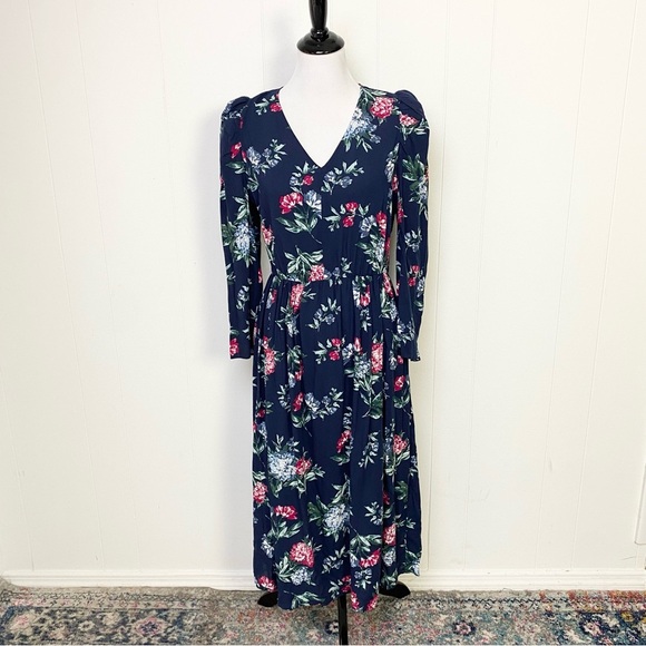 Banana Republic Navy Blue Puff Sleeve Floral Midi Fit & Flare Dress V-Neck Sz S - Picture 2 of 13